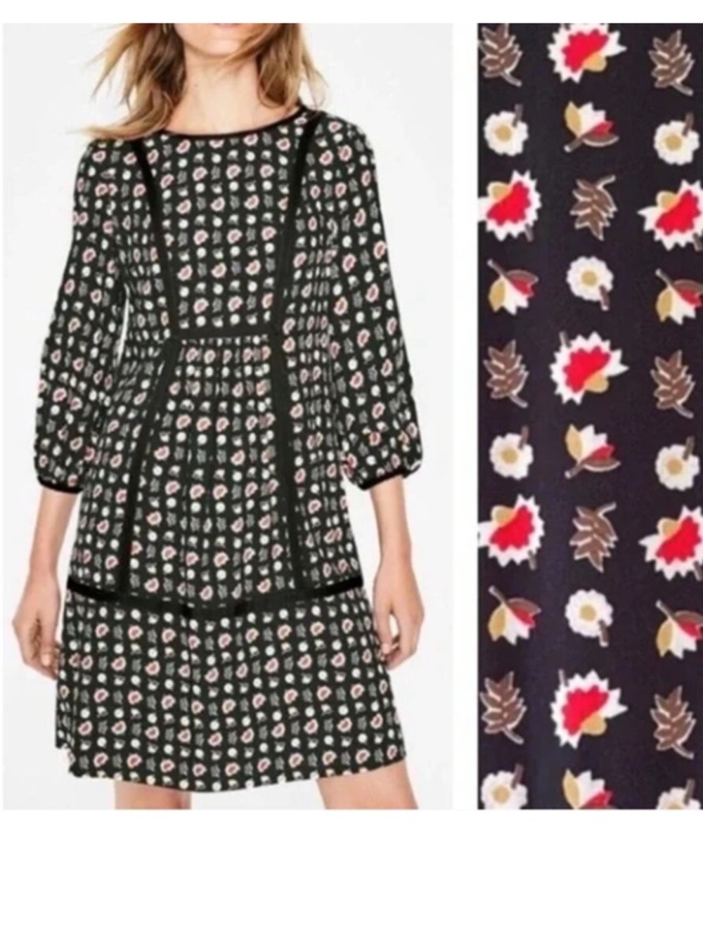 Boden Luna Prairie Dress Floral Print Midi Dress with Contrast Stitching